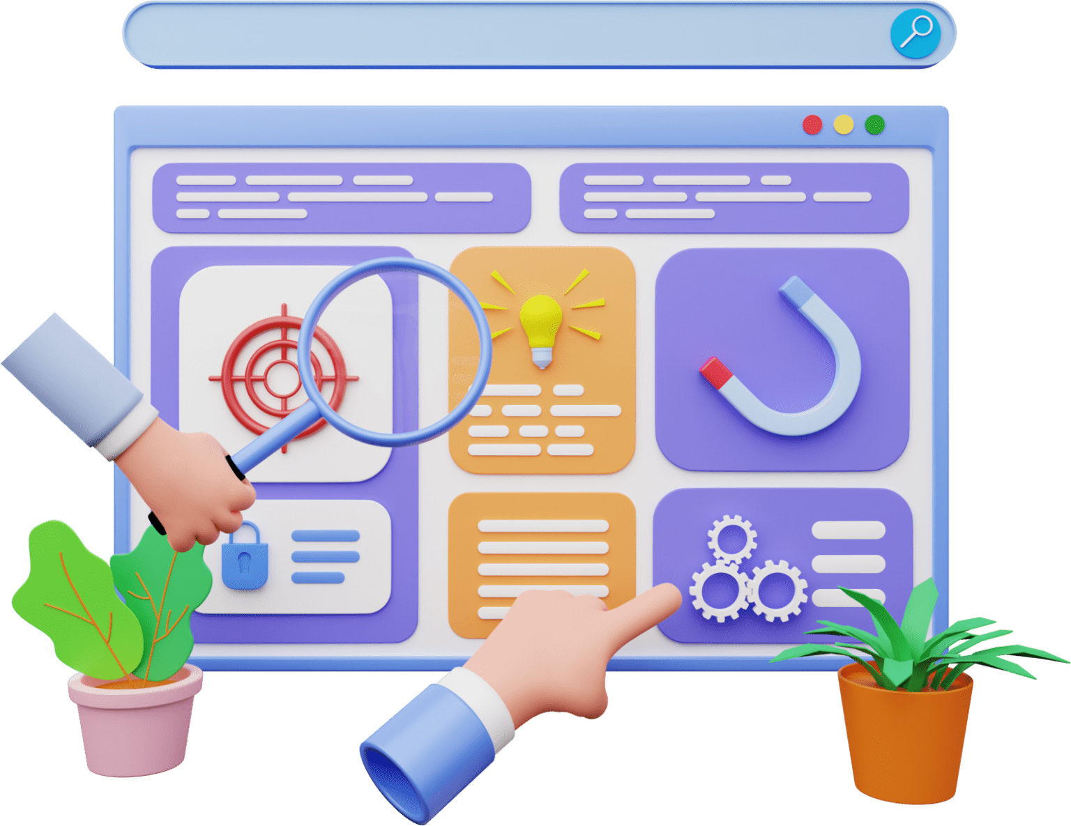 a computer screen with a magnifying glass and a plant